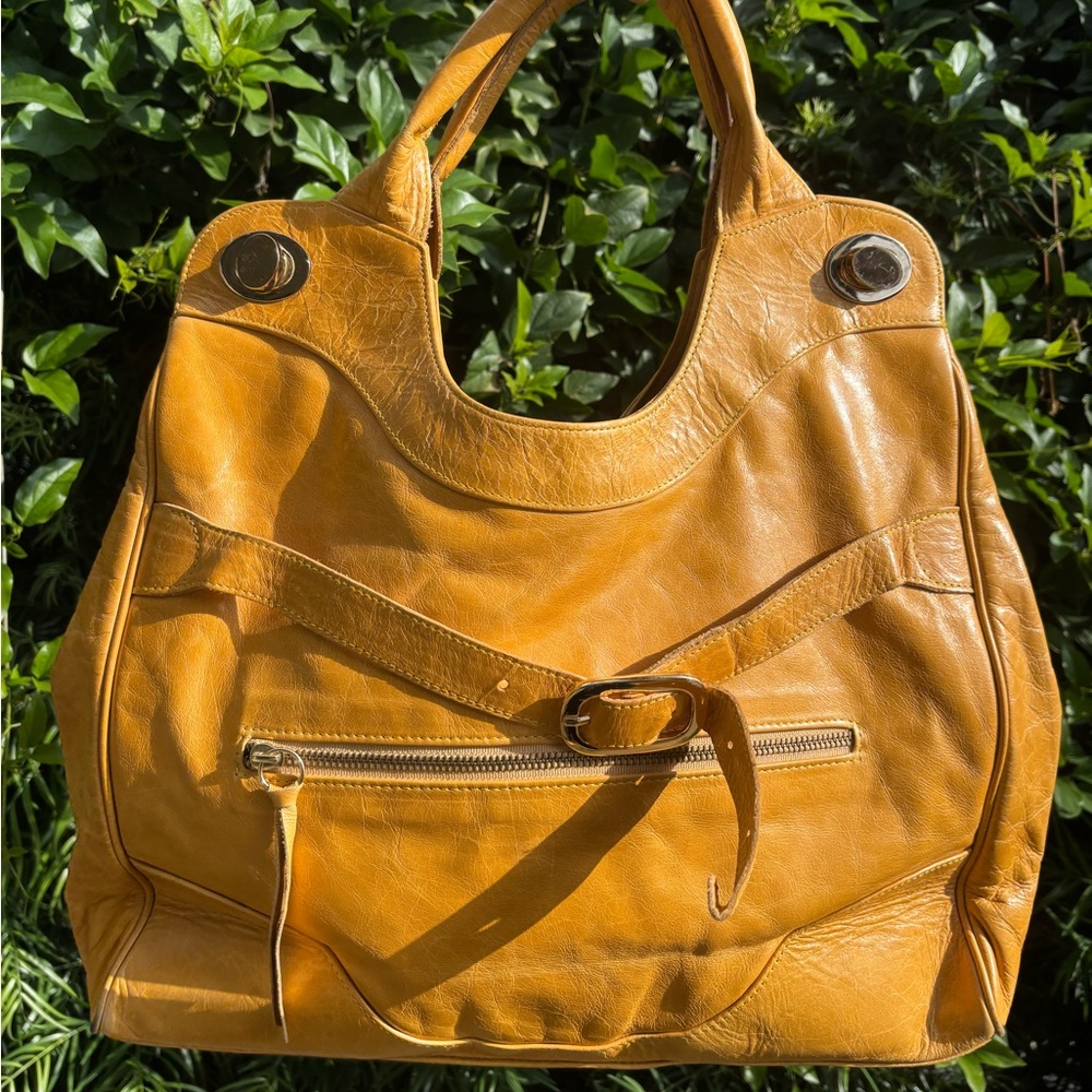 Anna Corinna (of Foley + Corinna) mustard leather tote bag with gold hardware